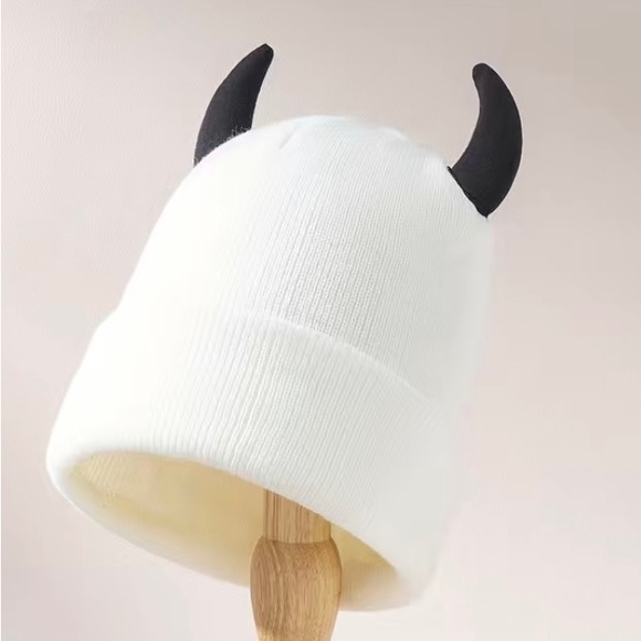 3 pack 1 red 1 pink 1 white knit beanie cap horns devil hat winter goth punk emo - Picture 5 of 12